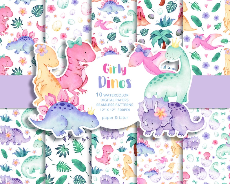 Watercolor Girly Dinosaurs Digital Papers, Fabric Seamless Repeat Pattern, Cute Dino Background image 1