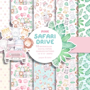 SALDI DI ADDIO - Carta digitale Safari Drive rosa acquerello, motivo ripetuto senza soluzione di continuità in tessuto, sfondo femminile con animali selvatici