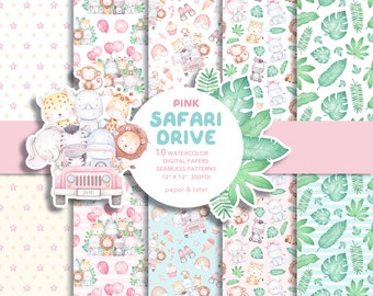 Watercolor Pink Safari Drive Digital Papers, Fabric Seamless Repeat Pattern, Girly Wild Animal Background