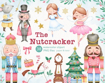 Nutcracker Ballet Christmas Watercolor Clipart, Classic Xmas Story PNG