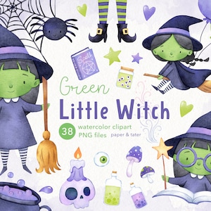 Farewell SALE - Grüne kleine Hexe Aquarell Halloween Clipart, Kessel, Zaubertrank, Hexenbeine, Zauberbuch, handgemaltes PNG