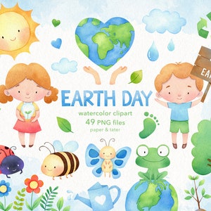 AFSCHEIDSUITVERKOOP - aquarel Earth Day clipart, milieu graphics, eco-vriendelijke recycle clipart, Go Green, Blue Planet, handgeschilderd