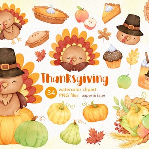 LIQUIDAÇÃO DE DESPEDIDA - Clipart de Ação de Graças em aquarela, Peru de Natal PNG, Cornucópia, Torta de Abóbora, Cupcake, Outono, Pintado à Mão