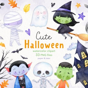 Watercolor Halloween Clipart, Cute Monsters, Witch, Vampire, Ghost, Skeleton, Mummy, Frankenstein, Hunted House, Water Color Halloween PNG