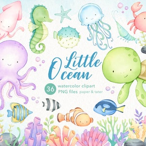 Watercolor Sea Animals Clipart, Cute Ocean Baby Animals PNG