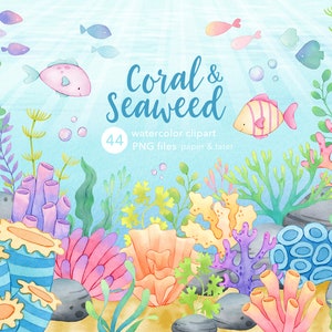 Coral and Seaweed Watercolor Clipart, Underwater Scene, Ocean Life PNG