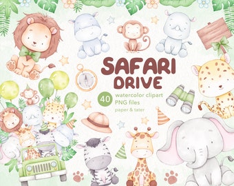 Safari Drive Watercolor Baby Animals Clipart, African Wild Animal PNG