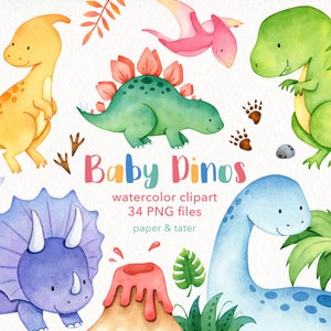 Watercolor Baby Dinosaur Clipart Graphics, Dino Clip Art, T Rex, Triceratops, Brachiosaurus, Water Color Dinosaur PNG