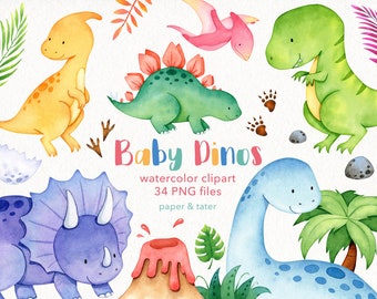 Watercolor Baby Dinosaur Clipart Graphics, Dino Clip Art, T Rex, Triceratops, Brachiosaurus, Water Color Dinosaur PNG