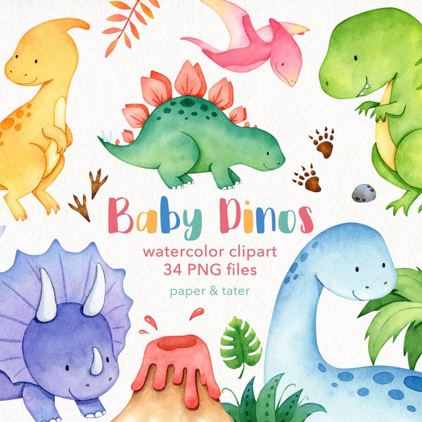 Watercolor Baby Dinosaur Clipart Graphics, Dino Clip Art, T Rex, Triceratops, Brachiosaurus, Water Color Dinosaur PNG