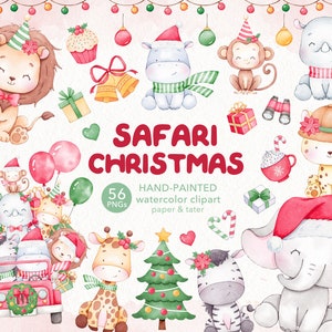 OFERTA DE DESPEDIDA - Clipart de acuarela pintado a mano de safari navideño, animales salvajes bebés navideños PNG