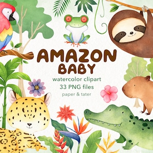 AFSCHEIDSUITVERKOOP - aquarel Amazone babydieren clipart, tropische regenwouddieren, babyluiaard, jaguar, kaaiman, papegaai, kikker, capibara, png PNGEgg