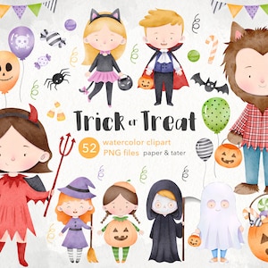 OFERTA DE DESPEDIDA - Clipart de Halloween de truco o trato, disfraz de Halloween de acuarela para niños PNG
