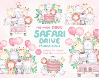 Pink Safari Drive Composition Watercolor Baby Animals Clipart, Ready to Use Girl Wild Animal PNG