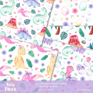 Watercolor Girly Dinosaurs Digital Papers, Fabric Seamless Repeat Pattern, Cute Dino Background image 3