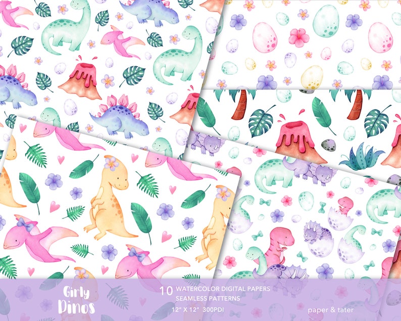 Watercolor Girly Dinosaurs Digital Papers, Fabric Seamless Repeat Pattern, Cute Dino Background image 3