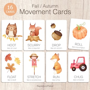 VENTE D'ADIEU - Cartes de mouvements d'automne, cartes d'action d'automne, cartes-éclair d'activités éducatives préscolaires