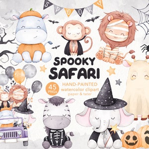 OFERTA DE DESPEDIDA - Clipart de acuarela pintado a mano de Safari de Halloween, Animales salvajes bebés espeluznantes PNG