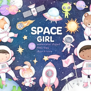 VENTE D'Adieu - Clipart aquarelle fille astronaute, animaux de l'espace, fille de l'espace PNG