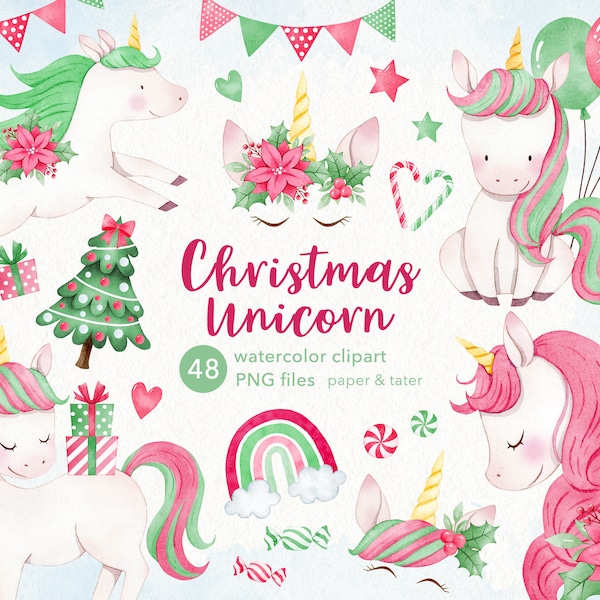Watercolor Christmas Unicorns Clipart, Magical Xmas Animals PNG
