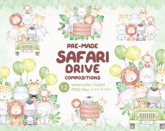 Safari Drive Composition Watercolor Baby Animals Clipart, Ready to Use Wild Animal PNG