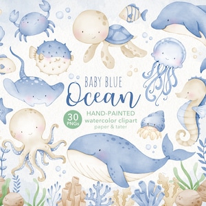 AFSCHEIDSUITVERKOOP - aquarel clipart baby blauwe oceaandieren, schattige onderzeese babydieren, aquarel png