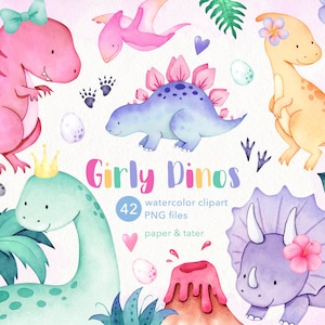 Watercolor Girly Dinosaurs Clipart, Cute Baby Dino Clip Art, T Rex, Triceratops, Brachiosaurus, Summer Water Color Dinosaur PNG