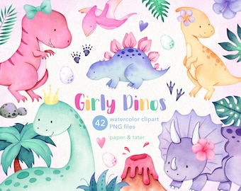 Watercolor Girly Dinosaurs Clipart, Cute Baby Dino Clip Art, T Rex, Triceratops, Brachiosaurus, Summer Water Color Dinosaur PNG