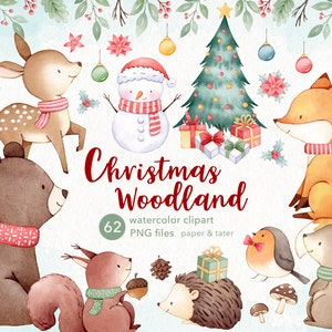 SALDI DI ADDIO - Clipart acquerello di Natale nel bosco, simpatici animali natalizi in formato PNG