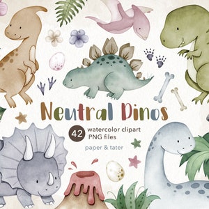 Watercolor Dinosaur Clipart, Neutral Dino Clip Art, Cute Baby Dinosaur PNG image 1