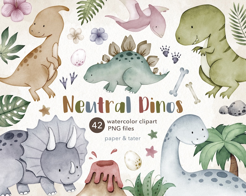 Watercolor Dinosaur Clipart, Neutral Dino Clip Art, Cute Baby Dinosaur PNG image 1