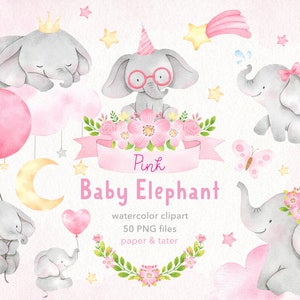ABSCHALTVERKAUF - Aquarell rosa Baby Elefant Clipart, süßes Baby Mädchen Kinderzimmer, Mond, Sterne, Ballon, Floral, PNG