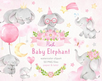 Watercolor Pink Baby Elephant Clipart Graphics, Cute Baby Girl Nursery, Moon, Starts, balloon, Floral, Water Color Clip Art PNG