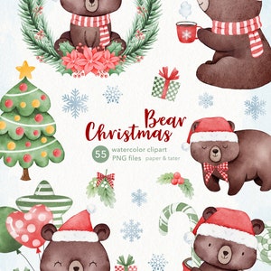 Watercolor Christmas Bear Clipart, Cute Xmas Woodland Animals PNG image 9