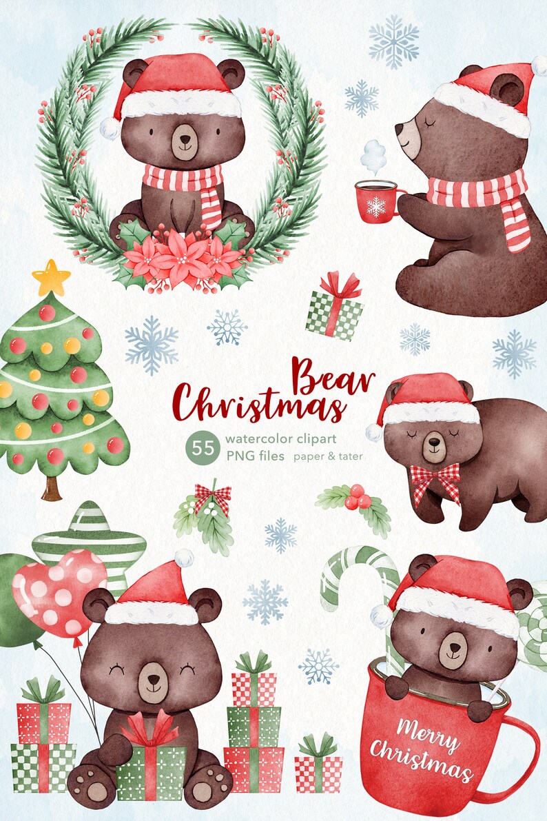 Watercolor Christmas Bear Clipart, Cute Xmas Woodland Animals PNG image 9