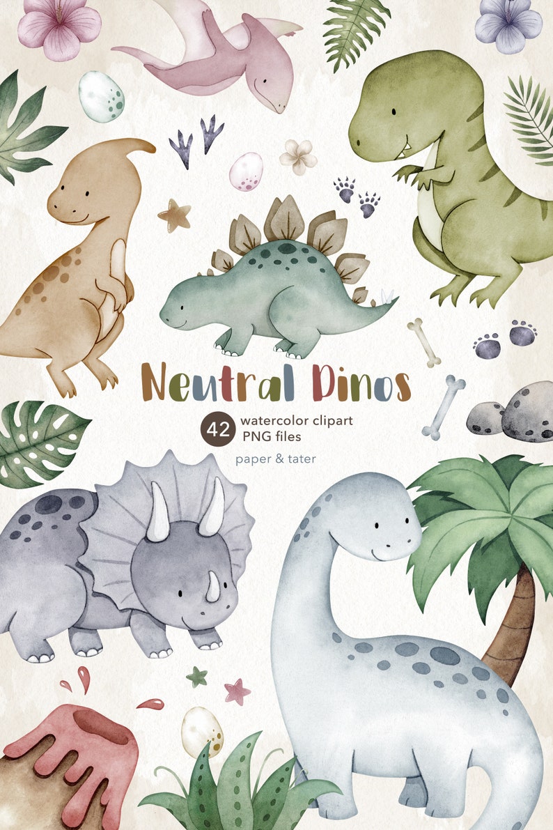 Watercolor Dinosaur Clipart, Neutral Dino Clip Art, Cute Baby Dinosaur PNG image 7