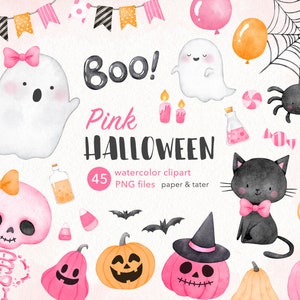 Pink Halloween Watercolor Clipart, Cute Pastel Halloween Girl PNG