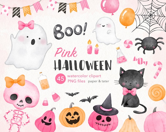 Pink Halloween Watercolor Clipart Cute Pastel Halloween Girl | Etsy