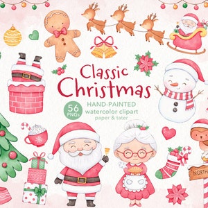 フェアウェルセール - 手描きのクラシックなクリスマス水彩画クリップアート、かわいいサンタのPNG