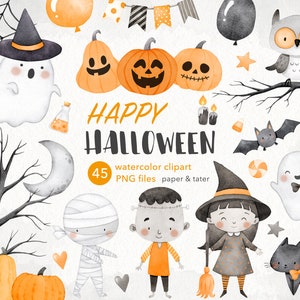 OFERTA DE DESPEDIDA - Clipart de acuarela de Feliz Halloween, Monstruos de Halloween lindos PNG