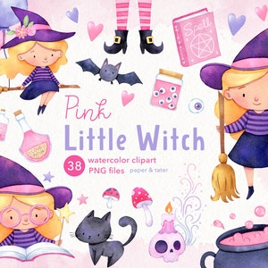 Pink Little Witch Watercolor Halloween Clipart, Cauldron, Love Potion, Black Cat, Witch Legs, Spell Book, Spooky Valentines Day PNG