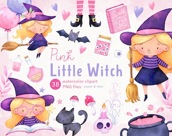 Pink Little Witch Watercolor Halloween Clipart, Cauldron, Love Potion, Black Cat, Witch Legs, Spell Book, Spooky Valentines Day PNG