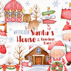 AFSCHEIDSUITVERKOOP - aquarel Christmas Santa's House clipart, Santa Claus Clip Art, Mrs. Claus, rendierschuur, sneeuwpop, handgeschilderd png PNGEgg
