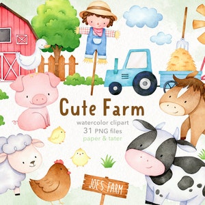 Watercolor Cute Farm Animals Clipart Graphics, Farmhouse Barn, Tractor, Cow, Horse, Pig, Sheep, Hen, Duck, Chick, Water Color Clip Art PNG