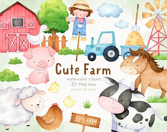 Watercolor Cute Farm Animals Clipart Graphics, Farmhouse Barn, Tractor, Cow, Horse, Pig, Sheep, Hen, Duck, Chick, Water Color Clip Art PNG