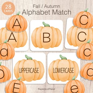 OFERTA DE DESPEDIDA - Juego de emparejar el alfabeto de otoño para niños / Actividad de emparejar letras de calabaza / Juego de aprendizaje para preescolar y jardín de infantes