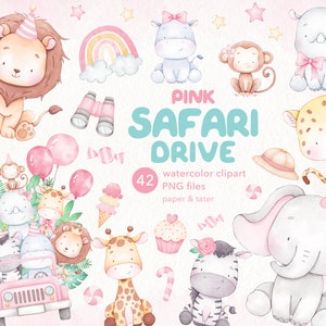 LIQUIDAÇÃO DE DESPEDIDA - Pink Safari Drive Aquarela Bebês Animais Clipart, Animal Selvagem Feminino PNG