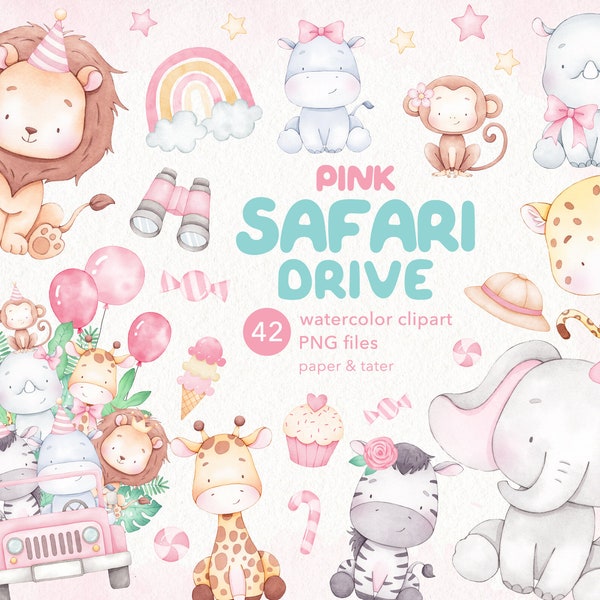 Pink Safari Drive Watercolor Baby Animals Clipart, Girly Wild Animal PNG