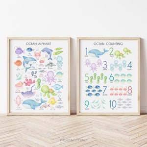 FAREWELL SALE - Ozean Alphabet und Zählen Poster, Set von zwei lehrreichen Unter dem Meer ABC und 123 druckbare Wandkunst