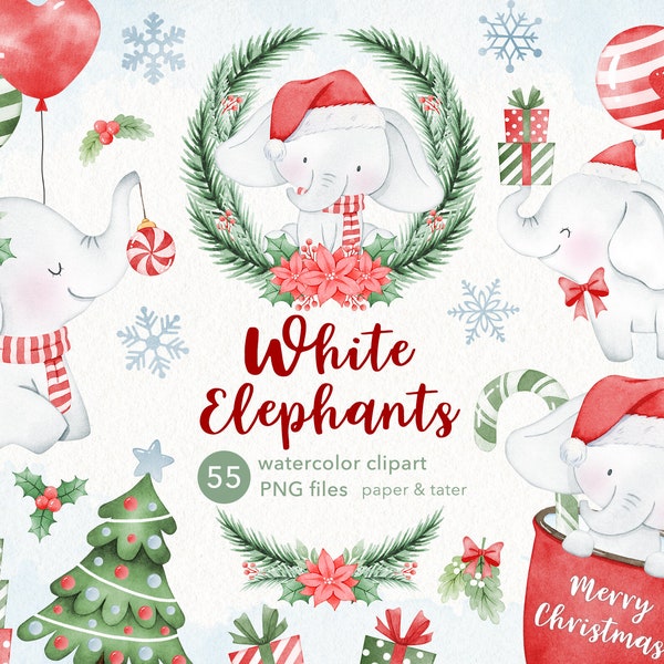 Clipart de Noël éléphants blancs aquarelle, mignons animaux de Noël PNG